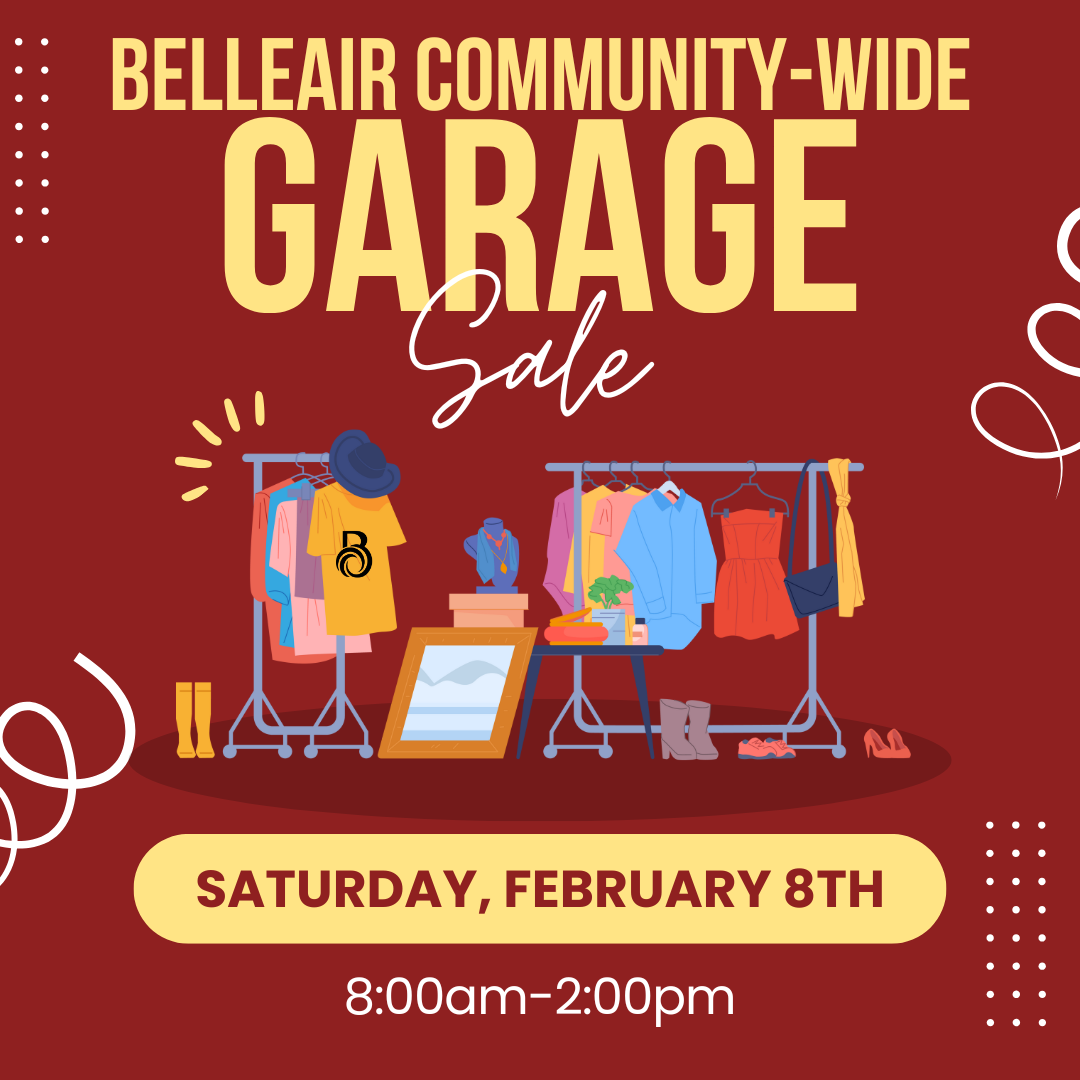 An image of text says 'Community-Wide Garage Sale. Saturday, February 8, 8 AM - 2 PM.'