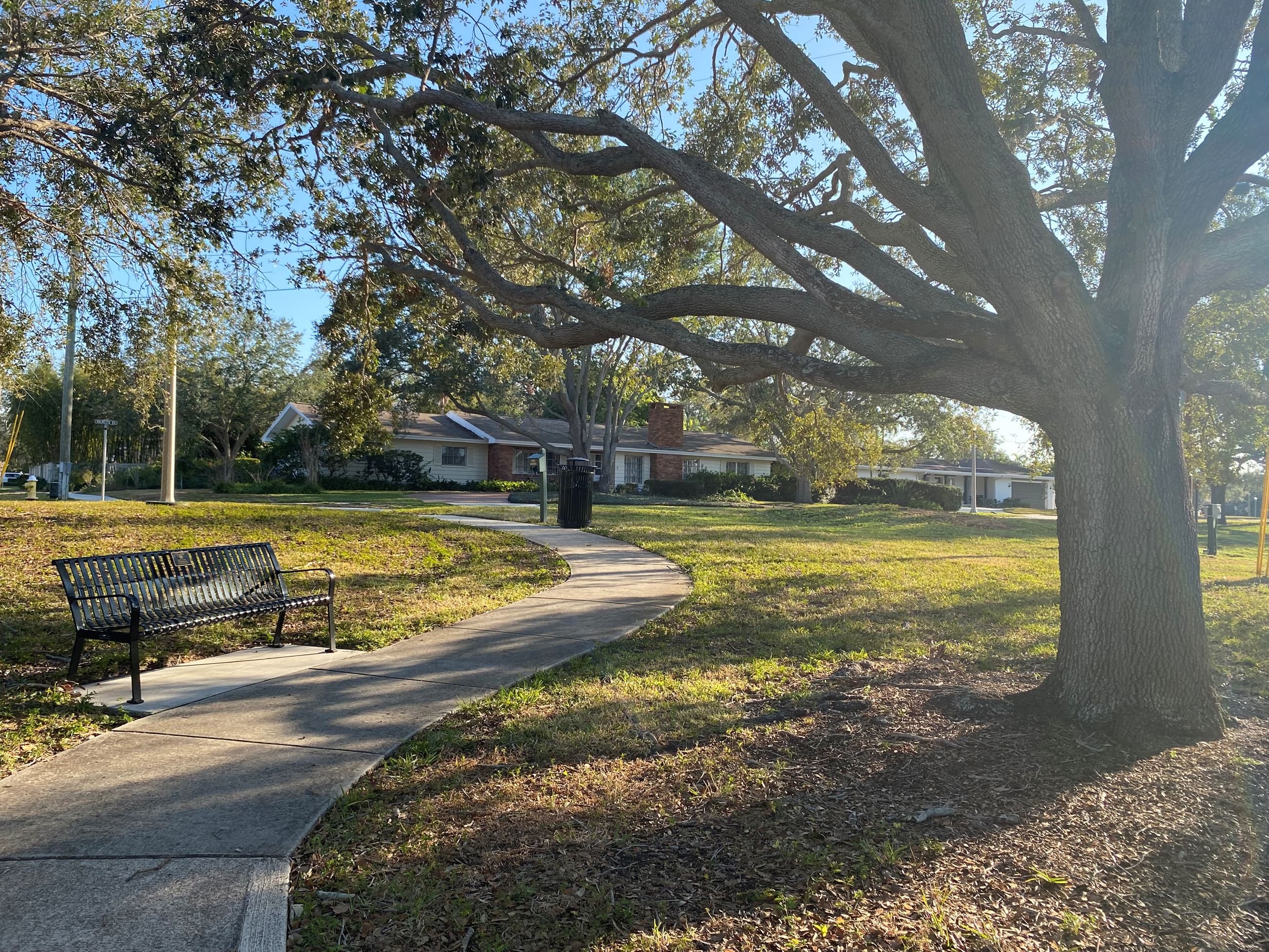 A black bench sits along a winding concrete path, beneath a shady tree in Gaienne Park.