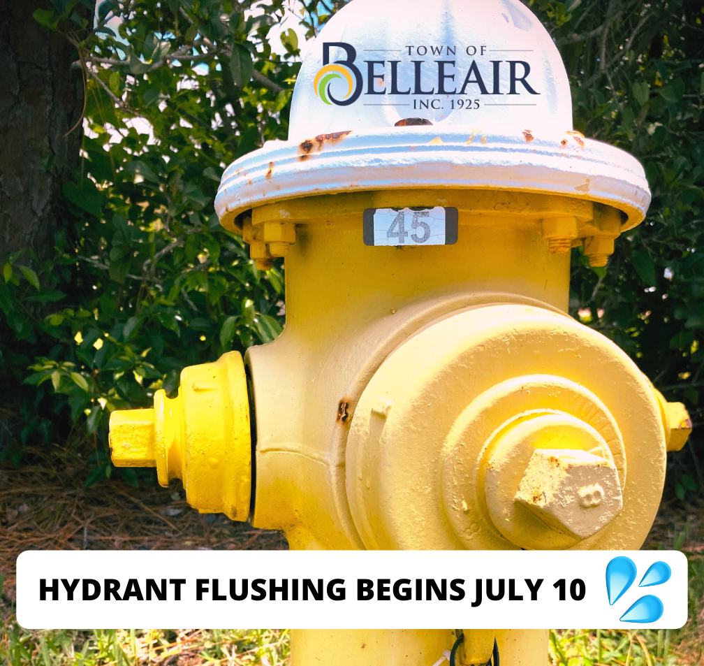Text over an image of a bright yellow fire hydrant says 'hydrant flushing begins July 10'.