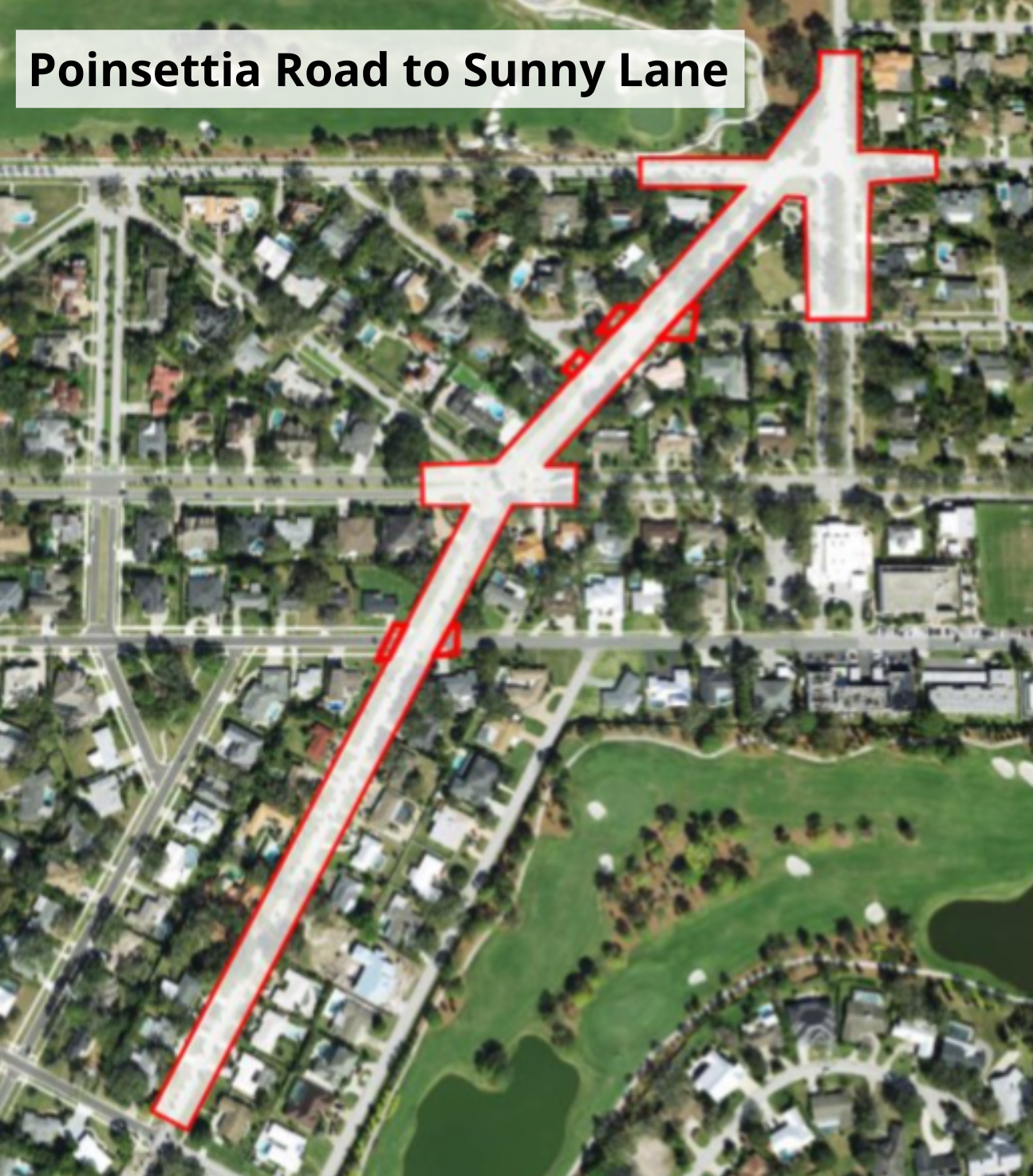 An aerial view of Indian Rocks Road with the area between Poinsettia Road and Sunny Lane highlighted